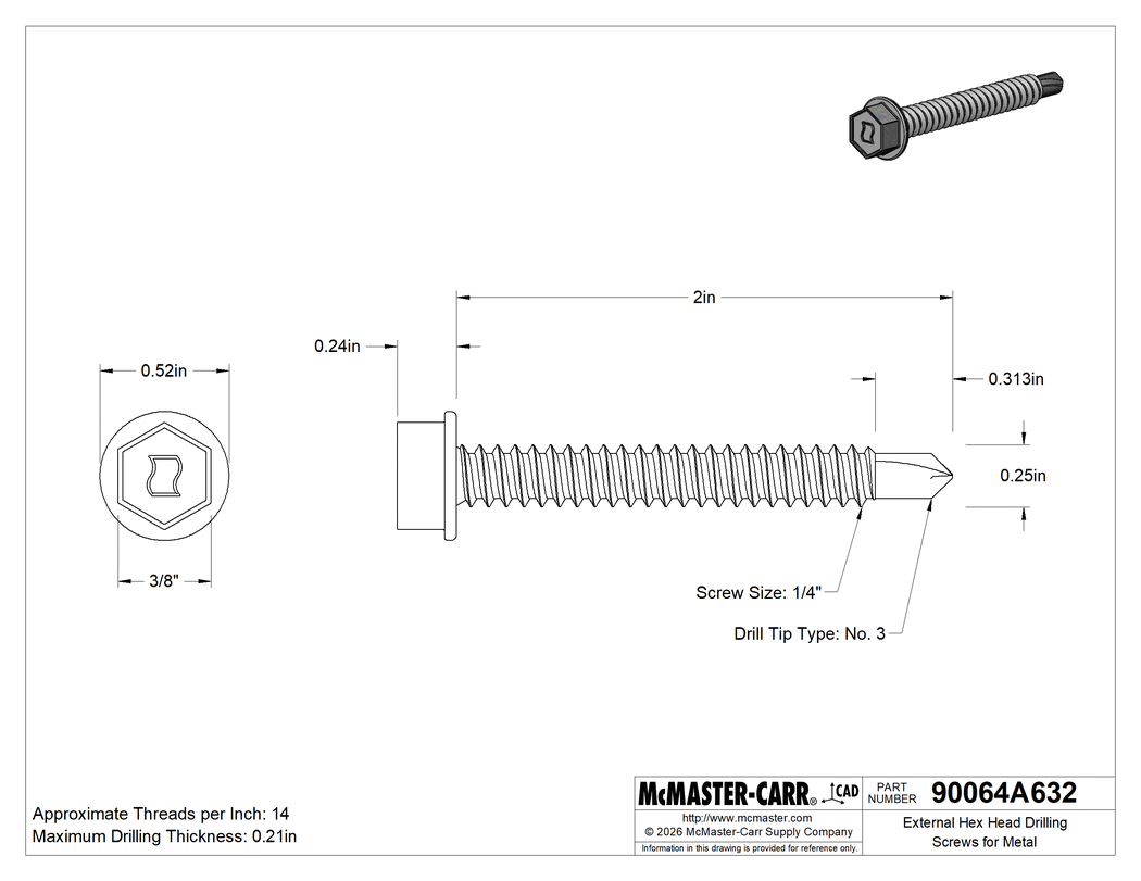 Technical Drawing of Flanged Hex Head Drilling Screw, Zinc-Plated Steel, 1/4" Size, 2" Long.